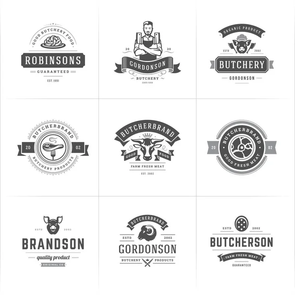 Logotipos de carnicería set vector ilustración bueno para insignias de granja o restaurante con animales y siluetas de carne — Vector de stock