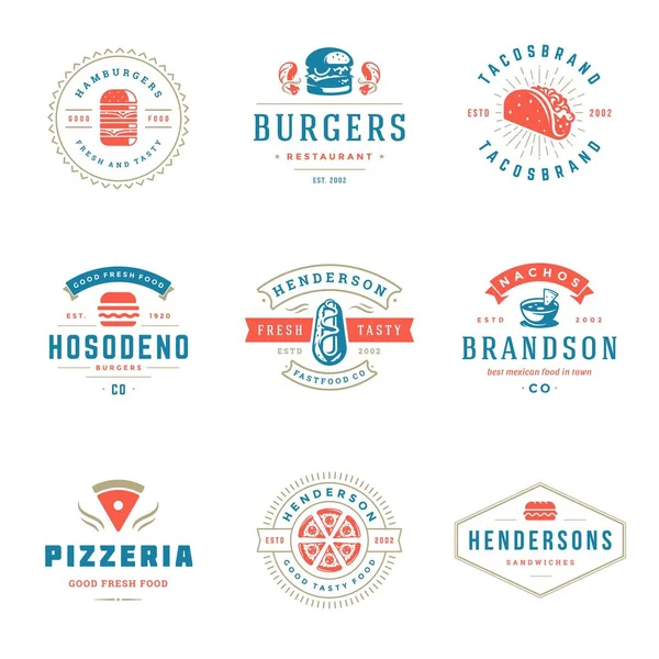 Loga rychlého občerstvení set vektorové ilustrace dobré pro pizzerie nebo hamburgery shop a restaurace menu odznaky s jídlem silueta — Stockový vektor