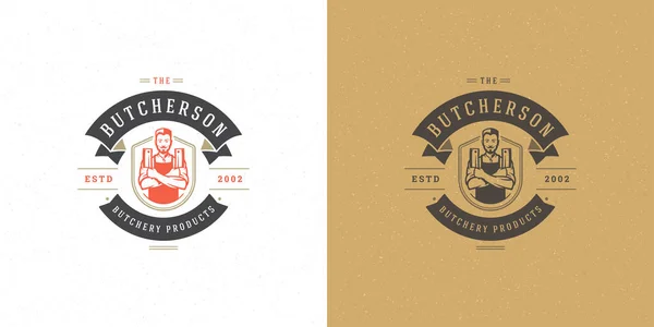 Butcher shop logo vector illustration chef holding knifes silhouette good for farmer or restaurant badge — Stock Vector