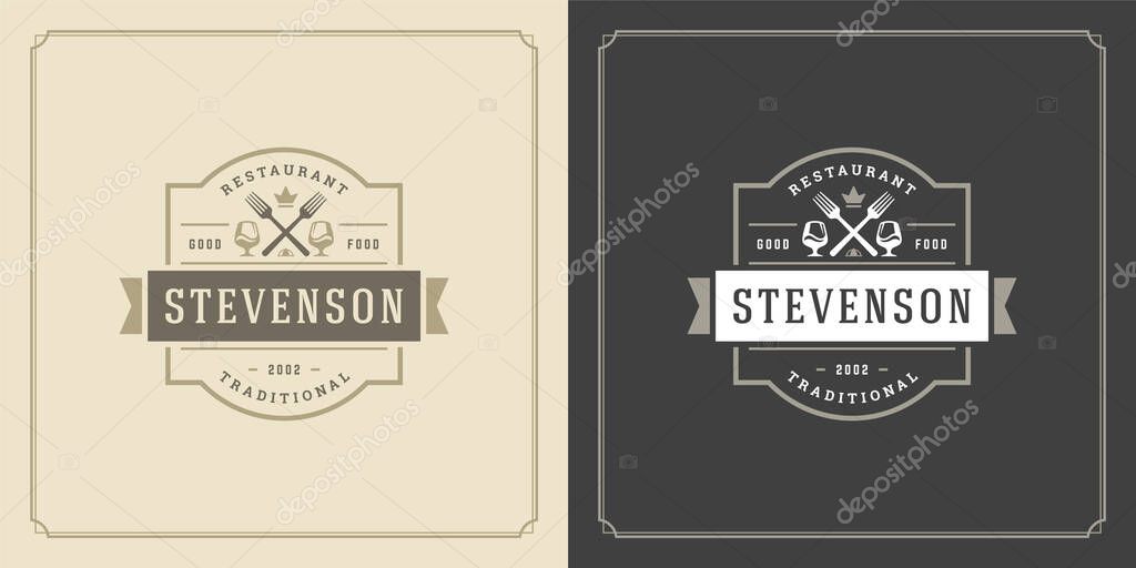 Restaurant logo design vector illustration wine stemware silhouettes good for restaurant menu and cafe badge. Vintage typography emblem template with decoration and symbols.