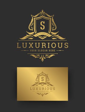 Lüks vintage süs logosu monogram arması şablon tasarım vektör çizimi