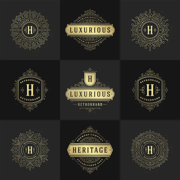 Logotipos vintage e monogramas definir elegante floresce linha arte ornamentos graciosos estilo vitoriano modelo vetorial design —  Vetores de Stock