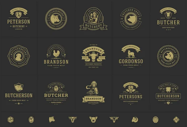 Logotipos de carnicería set vector ilustración bueno para insignias de granja o restaurante con animales y siluetas de carne — Vector de stock