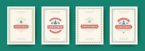 Tarjetas de Navidad conjunto vintage diseño tipográfico adornado decoraciones símbolos con vacaciones de invierno deseo vector ilustración — Archivo Imágenes Vectoriales
