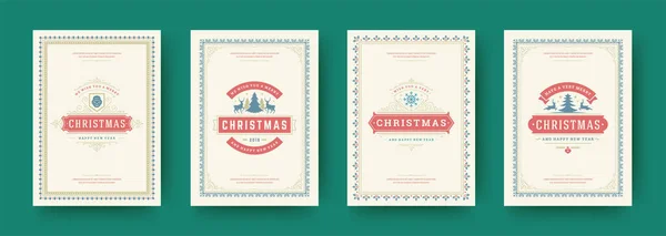 Tarjetas de Navidad conjunto vintage diseño tipográfico adornado decoraciones símbolos con vacaciones de invierno deseo vector ilustración — Vector de stock