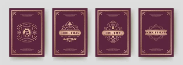 Tarjetas de felicitación de Navidad conjunto diseño vintage, adornado símbolos de decoración y vacaciones de invierno deseos vector ilustración — Vector de stock