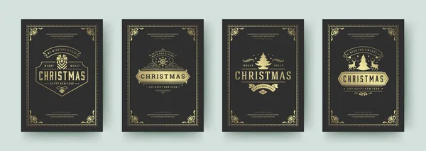 Ensemble de cartes de vœux de Noël design vintage, symboles de décoration ornés et vœux de vacances d'hiver illustration vectorielle — Image vectorielle