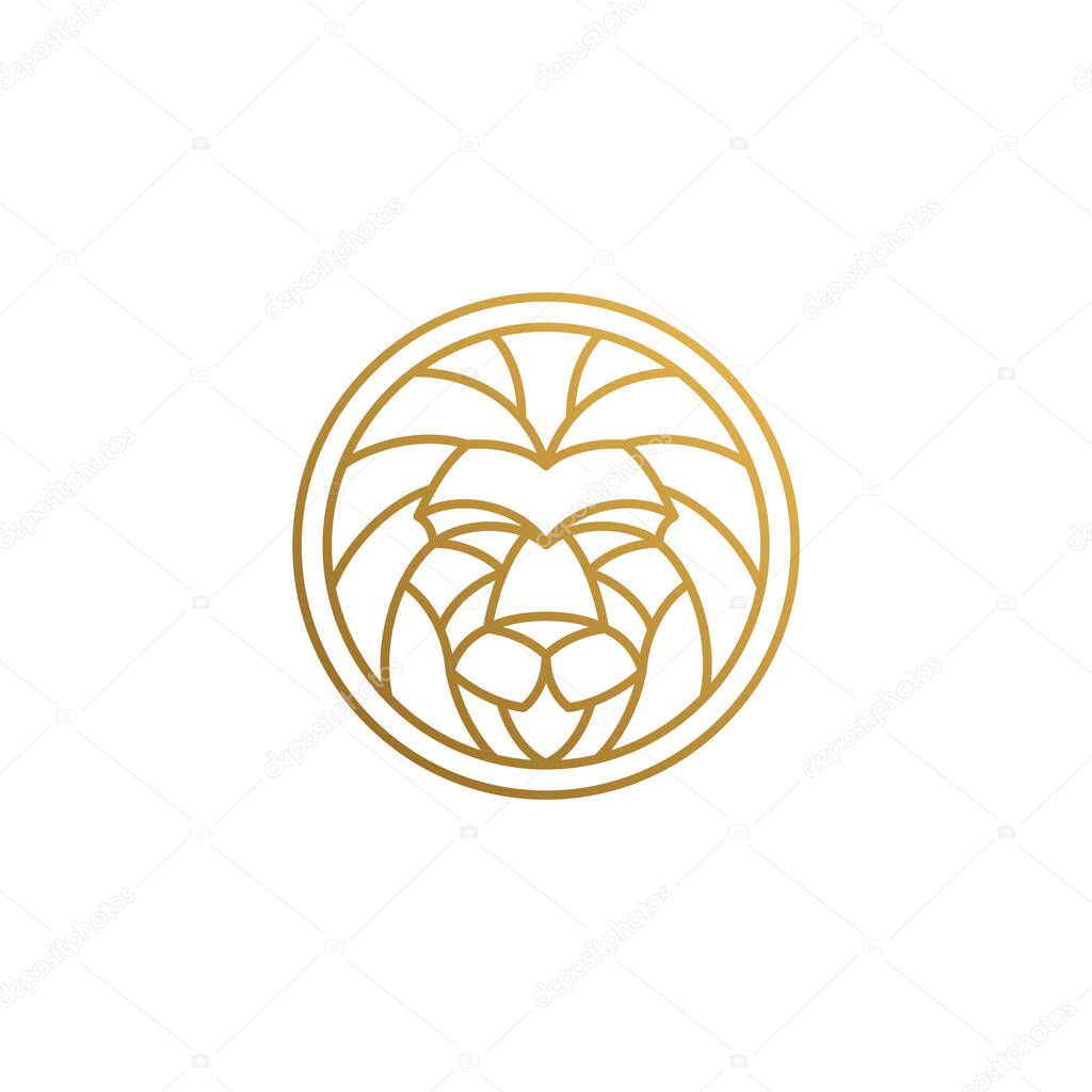 Minimal vector illustration of round shaped linear style logo design template of golden geometric lion head as aggressive apex predator