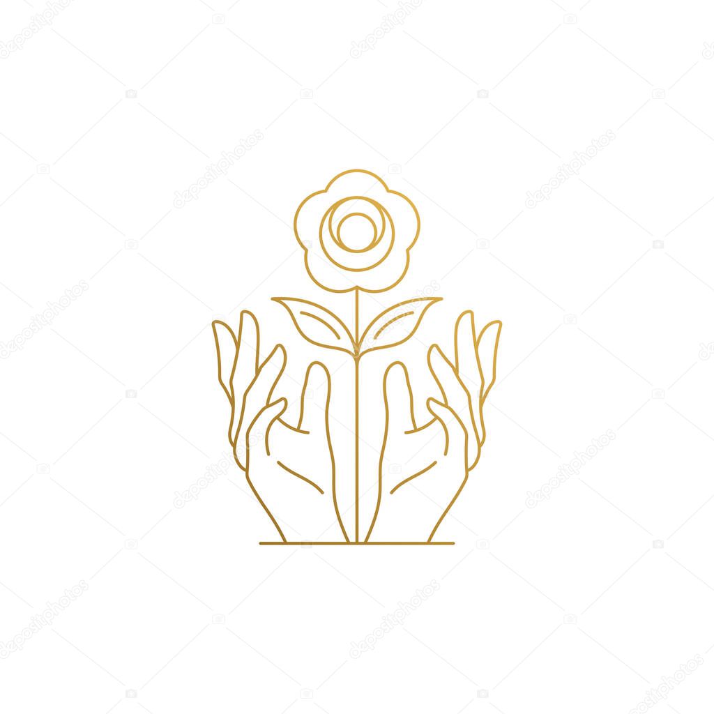 Simple vector illustration of linear style logo design template of female hands nurturing growing flower drawn with thin golden lines