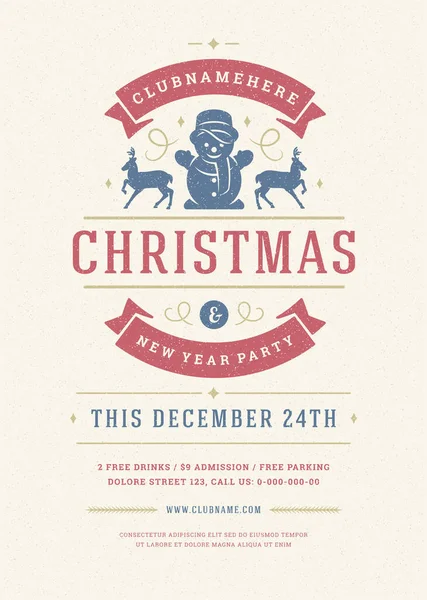 Kerstfeest flyer uitnodiging retro typografie en decoratie elementen met sneeuwvlok — Stockvector