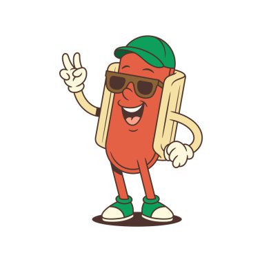Kendine güvenen bir gülümsemesi, yeşil şapkası ve barış işareti jesti olan Hotdog maskotu soğuk bir yaz havası yayıyor. Sıradan markalar, eğlence amaçlı sokak kampanyaları ya da fast food tasarımları için harika. Vektör illüstrasyonu
