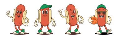 Enerjik pozlarda çizgi film sosisli maskotları cesur ifadeler, basketbol ve eğlenceli jestlerle. Yiyecek markalaştırma, çocuk memnuniyeti ve spor temalı promosyonlar için ideal. Vektör illüstrasyonu.