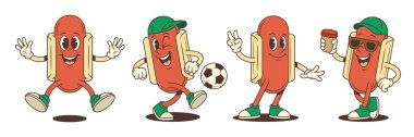 Yürüme, futbol ve havalı pozlarda enerjik sosisli maskotu, etkileyici jestler, baş parmaklar ve dostça bir tavırla. Yemek, spor ve eğlence kampanyaları için harika. Vektör illüstrasyonu.