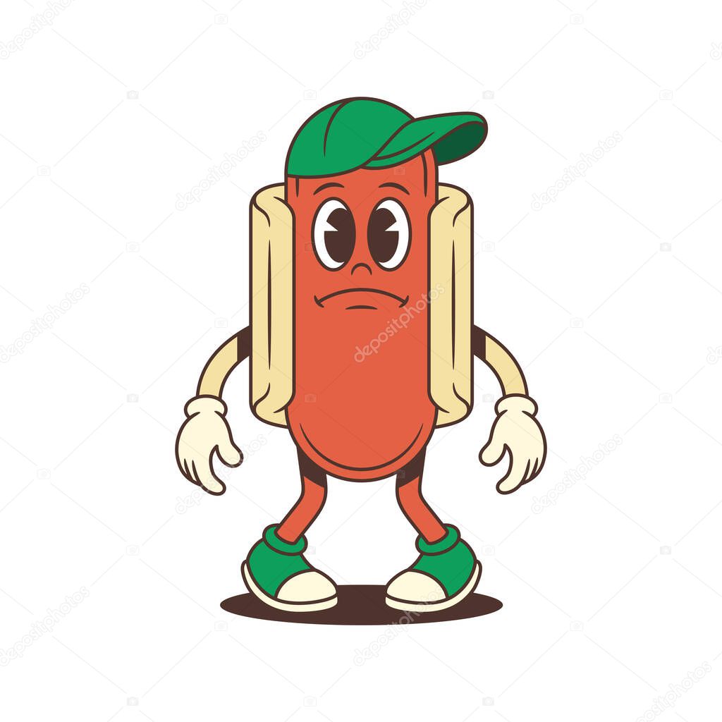 Expressive hotdog mascot with frown and lowered arms shows concern and emotional vulnerability. Ideal for feedback, support, or service illustrations with a touch of humor. Vector illustration