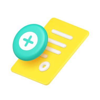 Dosya yönetim sistemleri ve içerik oluşturma arayüzleri için belge ve düğme simgesi ekle. Yeni, oluşturan, listeleyen, veri ve organizasyonu temsil eder. Modern 3d simge gerçekçi vektör illüstrasyonu.