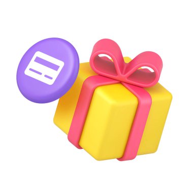 Ekommerce web siteleri ve kutlama temaları için hediye kutusu ve kredi kartı simgesi. Sunar, ödüllendirir, satın alır, alışveriş yapar ve sürpriz yapar. Modern 3d simge gerçekçi vektör illüstrasyonu.