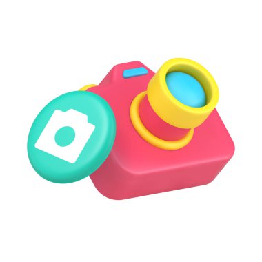 Fotoğraf uygulamaları ve resim paylaşım platformları için kamera ve kamera sembolü simgesi. Yakalama, fotoğraf, resim, hafıza ve yaratıcılığı temsil eder. Modern 3d simge gerçekçi vektör illüstrasyonu.