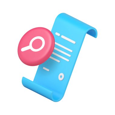 Belge arama uygulamaları ve analiz araçları için cam simgeyi kaydır ve büyüt. Araştırma, inceleme, metin, detay ve keşfi temsil eder. Modern 3d simge gerçekçi vektör illüstrasyonu.