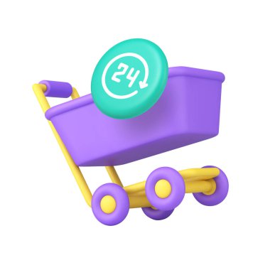 24 7 çevrimiçi alışveriş hizmeti ve alışveriş arabası ve 24 saat açık olan perakende satış konsepti. Modern 3d simge gerçekçi vektör illüstrasyonu.