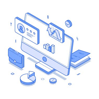 Çevrimiçi iş bilgisayarı iş akışı ticari analizi tek renkli izometrik vektör illüstrasyonu. İnternet belge eğitimi medya pazarlama siber alan optimizasyonu dijital teknoloji
