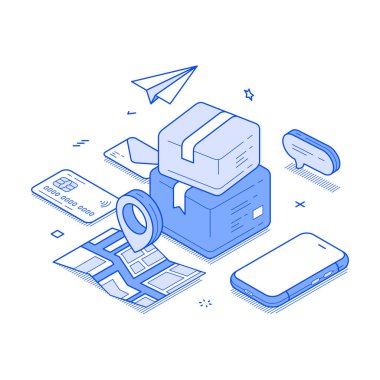 Posta paketi kargo teslimat kurye servisi GPS izometrik vektör çizimi. Ekspres nakliye lojistik dağıtımı çevrimiçi alışveriş ödemesi akıllı telefon uygulaması teknolojisi