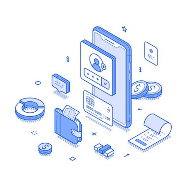 Çevrimiçi bankacılık kullanıcı hesabı bütçe dengesi akıllı telefon uygulaması izometrik vektör illüstrasyonu. İnternet bankası mali para birimi kazanç yönetimi elektronik tasarruf denetimi