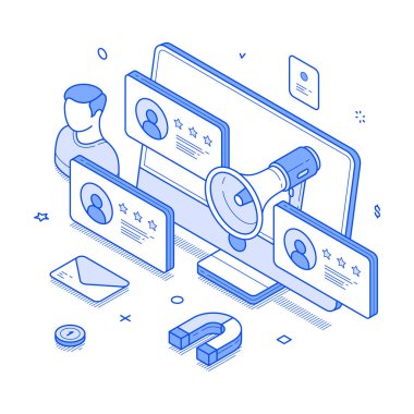 Yönlendirme ağı pazarlama stratejisi dijital iş ortaklığı izometrik vektör çizimi. Çevrimiçi reklam teknolojisi sosyal ürün ortaklığı önerilir davet işbirliği