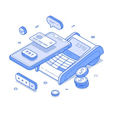 Çevrimiçi ödemeler, akıllı telefon POS terminal kart işlemleri, izometrik vektör illüstrasyonu. Finansal banka cep telefonu ve para birimi nakitsiz alışveriş çeki dijital teknolojiyi öde