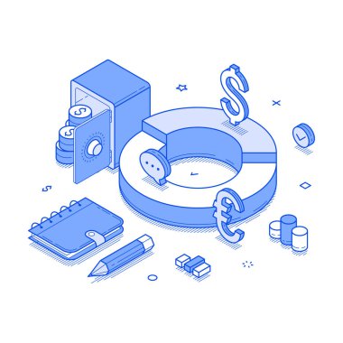 Finansal planlama işi muhasebe analizi grafik izometrik vektör illüstrasyonu. Bütçe dengesi istatistiksel muhasebe para bankacılık analizi istatistik para birimi ekonomisi kar yönetimi