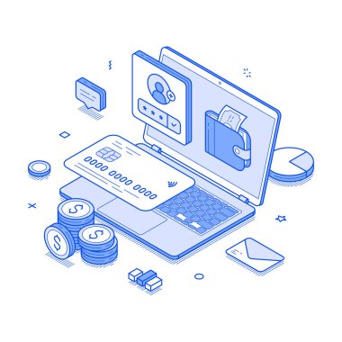 Çevrimiçi bankacılık kişisel kullanıcı hesabı dizüstü bilgisayar arayüzü izometrik vektör çizimi. İnternet bankası finans hizmetleri nakitsiz alışveriş ödemesi ve para transferi tasarruf cüzdanı koruması
