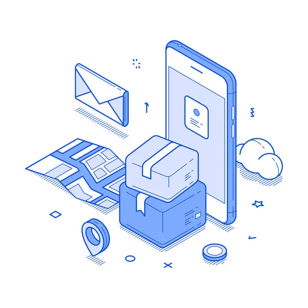 Postal parsel online alışveriş siparişi güvenli teslimat akıllı telefon uygulaması izometrik vektör çizimi. Kargo lojistik dağıtım nakliye GPS takip haritası mobil nakliye uygulaması