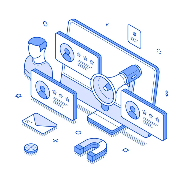 Yönlendirme ağı pazarlama stratejisi dijital iş ortaklığı izometrik vektör çizimi. Çevrimiçi reklam teknolojisi sosyal ürün ortaklığı önerilir davet işbirliği