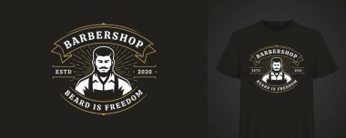 Zarif tipografi ve klasik eğrilerle çevrili sakallı şık bir adamın modern berber dükkanı logosu. Markalaşma ya da tişört tasarımı için mükemmel. Vektör illüstrasyonu