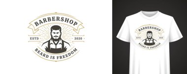 Kalın tipografili klasik amblem tasarımı, sakallı berber portresi, yerleşik yıl ayrıntıları ve giyim markası ve ürünler için klasik tasarım. Vektör illüstrasyonu
