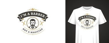 Sakallı bir berberin makas, taç unsuru, cesur mizahi ifade ve şık bir giyim ve markalaşma düzeni içeren Retro marka tasarımı. Vektör illüstrasyonu