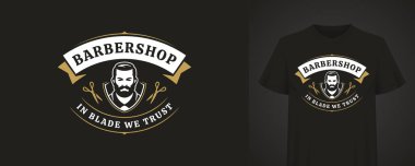 Klasik berber dükkanı logosu. Sakallı, makaslı ve klasik tasarımlı şık bir beyefendi. Logo cesur bir tipografi ve akılda kalıcı bir ifade içeriyor. Vektör illüstrasyonu