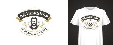 Klasik berber dükkanı logosu içinde sakallı adam portresi, zarif tipografi, makas simgeleri ve moda kıyafetleri ve markalaşma projeleri için cesur slogan var. Vektör illüstrasyonu