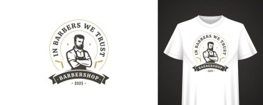 Klasik berber tasarımı klasik rozet, cesur alıntı, sakallı erkek karakter, modern modaya uygun stil ve kurdele afişi. Vektör illüstrasyonu