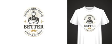 İlham verici bir alıntı içeren berber tasarımı, sakallı erkeksi figür, klasik bıyık, klasik makas, temiz tipografi ve giysi için kalın bir düzen. Vektör illüstrasyonu