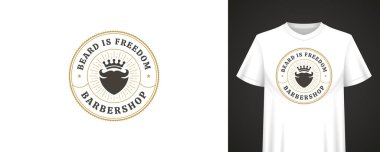 Cesur tırnak içinde berber dükkanı rozeti tasarımı, klasik taç amblemi, sakal ikonu, temiz düzen, şık tipografi ve giysi veya tabela için dairesel çerçeve. Vektör illüstrasyonu