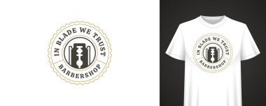 Cesur jilet ikonu, klasik rozet şekli, güçlü bir alıntı ve şık giyim markası için temiz tipografi içeren Retro Berber Dükkanı logosu tasarımı. Vektör illüstrasyonu