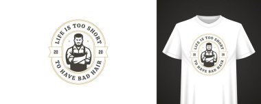 Kendine güvenen erkek karakterli klasik berber logosu, şık harfler, güçlü bir ifade, cesur bir taslak ve modaya uygun giyim ve ürünler için temiz bir düzen. Vektör illüstrasyonu