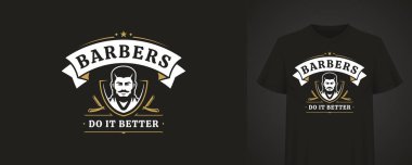 Zarif berber logosu stilize sakal, jilet ve klasik tipografi içeriyor. Berber markası ya da tişört izi için mükemmel. Vektör illüstrasyonu