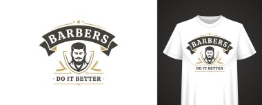 Kalın afiş, portre ikonu, şık alıntılar ve retro giyim markası ve giyim baskıları için geleneksel öğeler içeren klasik berber amblemi. Vektör illüstrasyonu