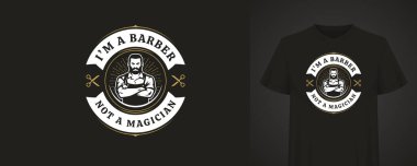 Siyah bir tişörtte modaya uygun bir geçmişe dönük tasarım içeren vektör illüstrasyonu. Makasla sakallı berber, yazıtla çevrili. Tasarım klasik tarzda yapılmıştır.