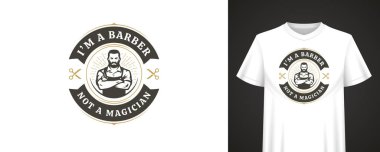 Kendine güvenen erkek figürlü komik berber rozeti, cesur mizah ifadesi ve makas ikonu, retro giysi ve klasik gömlek tasarımları için ideal. Vektör illüstrasyonu