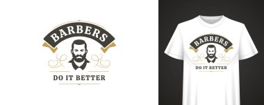 Klasik berber amblemi şık erkek figürü, dekoratif unsurlar ve klasik tasarım, giyim ve markalaşmaya uygun cesur bir ifade. Vektör illüstrasyonu