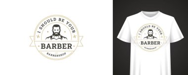 Retro berber logosu tasarımı, sakallı adam, dairesel rozet düzeni, şık dekoratif detaylar ve giyim ve ürün için cesur bir mesaj. Vektör illüstrasyonu