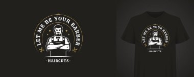 Profesyonel berber logosu, kendine güvenen, sakallı ve papyonlu, etrafı makasla çevrili ve şık kıvrımlı bir adam. Berber markası ya da tişört tasarımı için mükemmel. Vektör illüstrasyonu