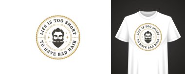 Berber dükkanından alıntılar, sakallı adam suratı, klasik yuvarlak rozet tasarımı, kalın harfler ve tişört modası için eski tarz öğeler. Parmak izi ve giysi için uygun. Vektör illüstrasyonu